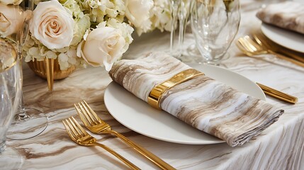 Elegant dining setup with folded napkin and gold cutlery