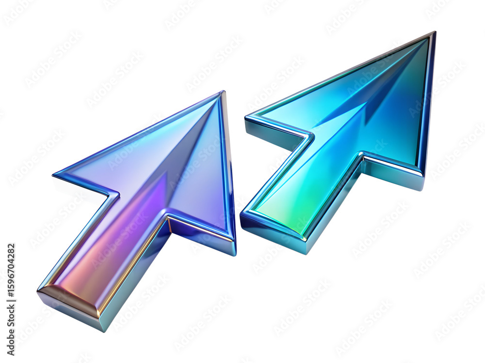 Fototapete two iridescent 3d rendered computer cursors in the shape of arrows isolated on a transparent backgro