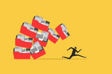Businessman run away from collapsing stack of files folders. Communication problem or overload, too many folders
