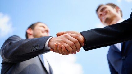 Successful Business Partnership: A Handshake Against the Sky