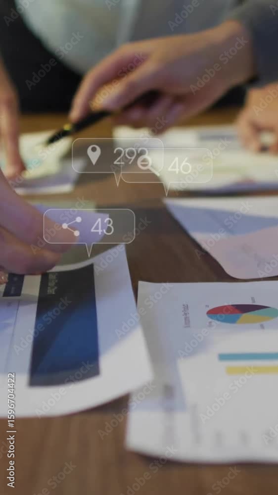 Poster organizing charts and graphs on table with animation of social media icons