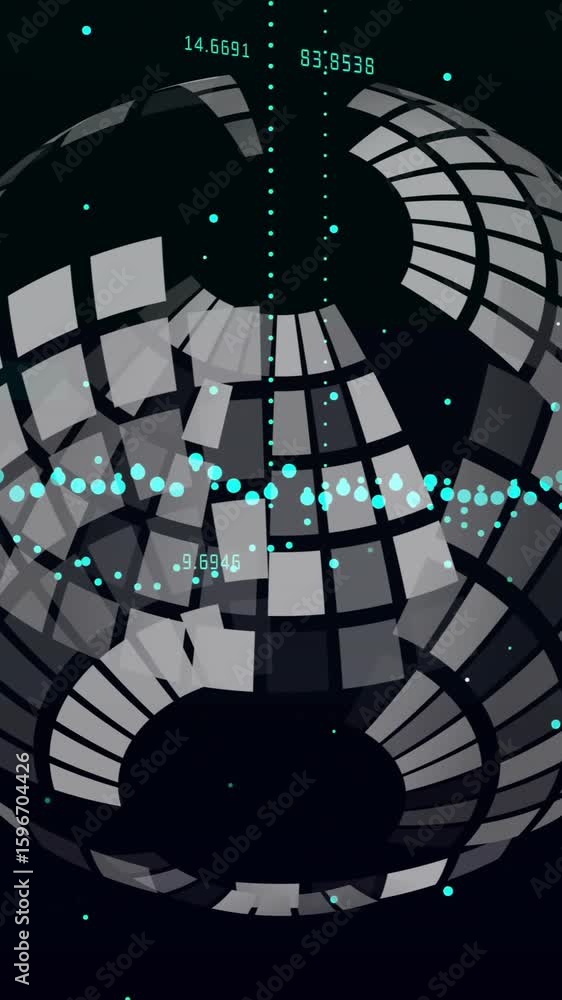  animation of circular data visualization with numbers and dots on dark background