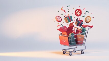 Boxing day, Christmas, Shopping Shopping cart overflowing with gifts and percentage symbols, confetti floating around on a white background