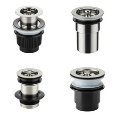 Set sink drain stopper. Kitchen sink drain assemblies in stainless steel and black finishes isolated on transparent background 