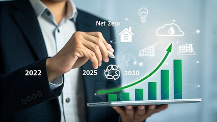 Sustainability Goals: A Businessman Visualizing Growth and Future Planning for a Greener Tomorrow on a Digital Tablet.