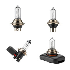 Set spare car bulb. Halogen car headlight bulbs in various angles and positions isolated on transparent background 