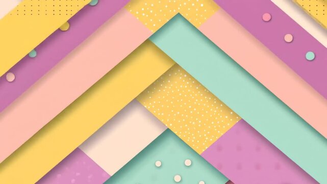 Diagonal stripes in pastel yellow, pink, and mint green overlap, creating a geometric pattern with dots and textured sections.