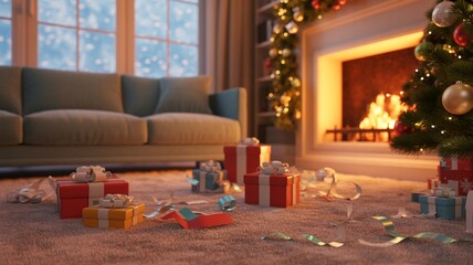 Boxing day, Christmas, Shopping Cozy Christmas Scene with Presents, Fireplace, and Festive Decorations in a Warmly Lit Room.