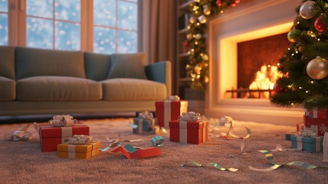 Boxing day, Christmas, Shopping Cozy Christmas Scene with Presents, Fireplace, and Festive Decorations in a Warmly Lit Room.