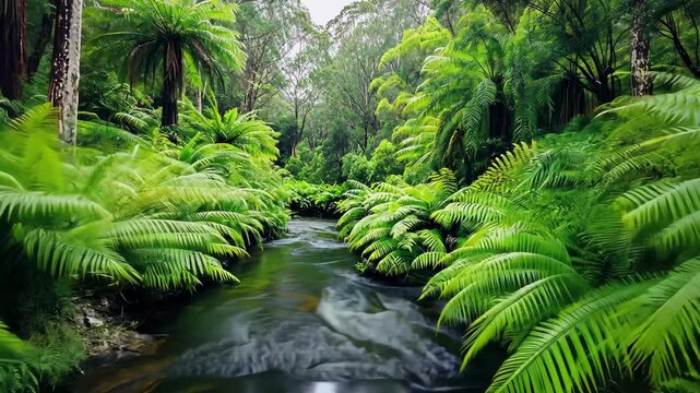 Jungle river flows quietly through lush fern forest in Australia surrounded by vibrant greenery, Jungle river flows through fern forest in Australia Relaxing nature of Otways