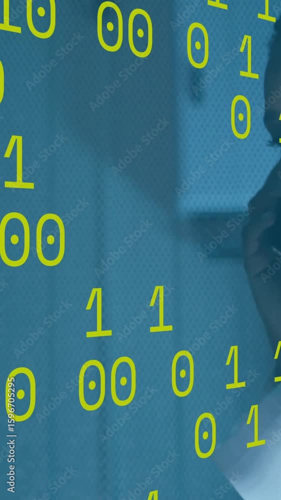 Poster working with computer cables, person surrounded by binary code animation in school