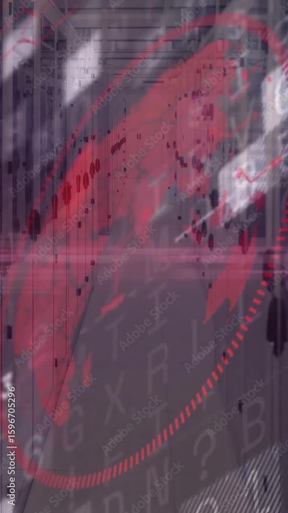 Poster overlaying digital data and numbers, futuristic server room with red light animation
