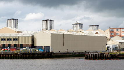 High rise council flats in Glasgow city from across the River Clyde