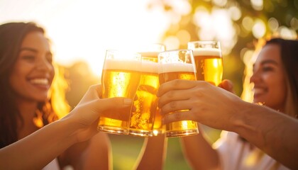 Friends toasting with beer outdoors