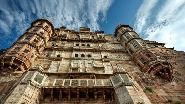 Majestic view of Mehrangarh Fort showcasing its architectural grandeur against a clear blue sky in Jodhpur, Mehrangarh Fort in Jodhpur, India