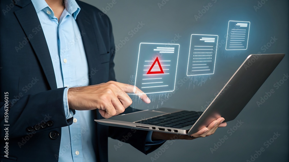 Poster businessman interacting with virtual documents on laptop screen, managing digital files for enhanced