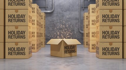 Boxing day, Christmas, Shopping Holiday Returns: Sparkling Surprise in a Warehouse of Cardboard Boxes