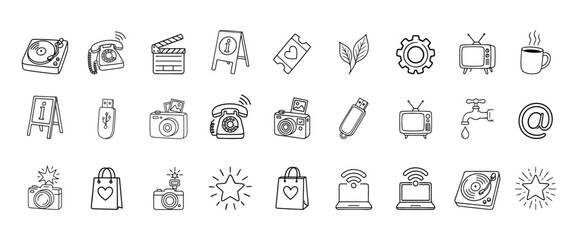 Set of  camera shopping bag star wifi tv coffee cup water tape pen drive leaf land phone gear music disk  light vector illustration