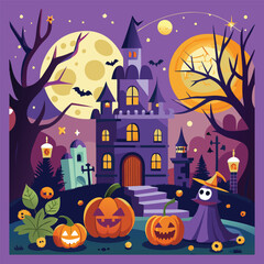 Fototapeta premium Spooky Halloween night with haunted house, castle, and pumpkins under a full moon, featuring scary trees and flying bats vector illustration