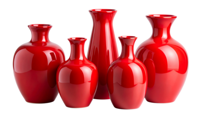  “Set of Five Elegant Red Ceramic Vases in Varied Heights, Isolated on Transparent Background”.