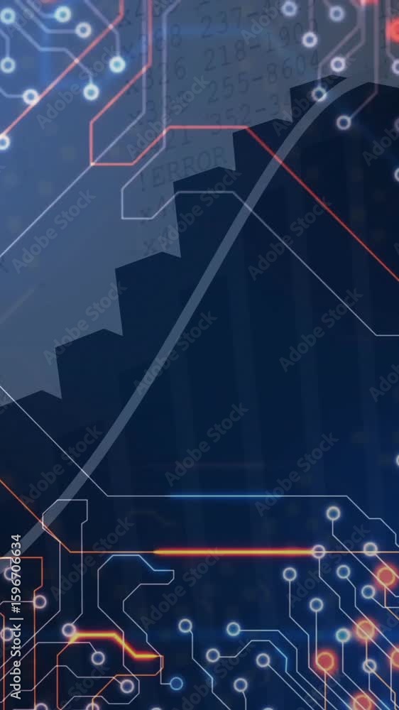 Poster animation of circuit board pattern overlaying abstract geometric shapes and lines