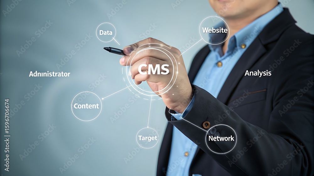 Poster cms strategy: manager visualizing website content, data, target, administrator, network and analysis