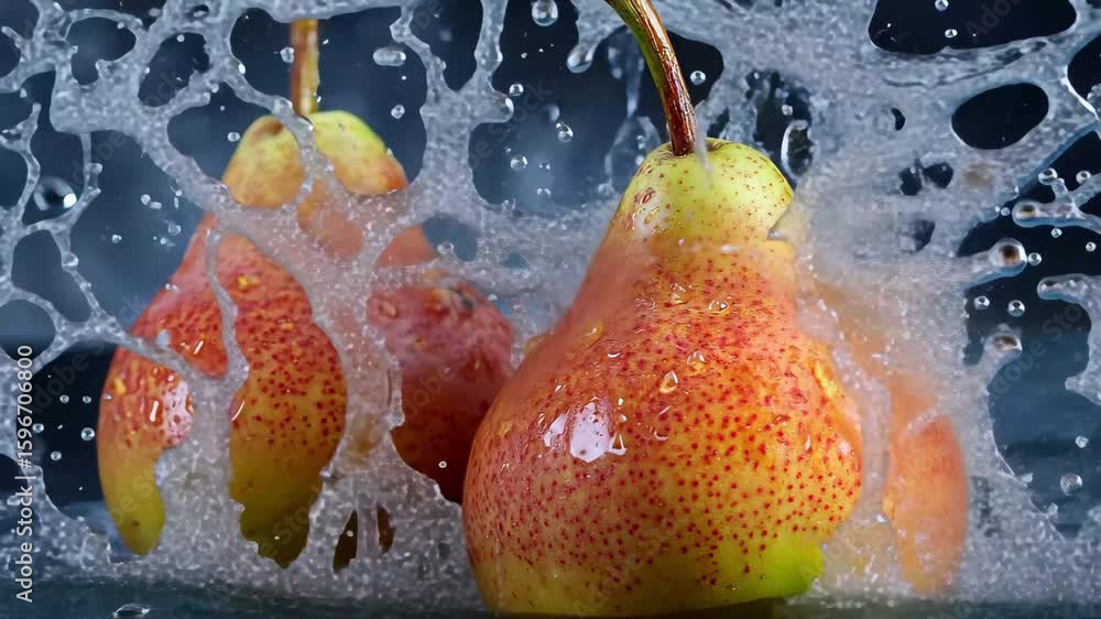 Poster ripe pears splashed with water creating a refreshing effect, two ripe pears with water splashing aro