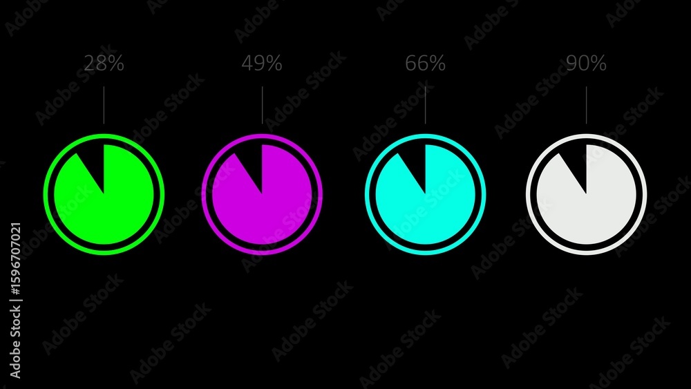 Poster percentage charts progress indicators with colorful circle diagrams on dark background