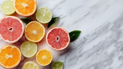Flat lay of fresh citrus fruits sliced on marble countertop