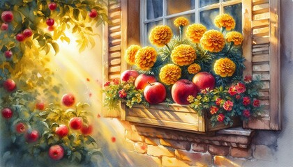 Sunny Window Box with Red Apples and Yellow Marigolds Watercolor Art
