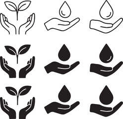 Eco-Friendly Symbols Hands Holding Plants and Water Drops