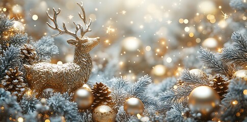 Golden reindeer ornament on frosted pine branches with baubles christmas