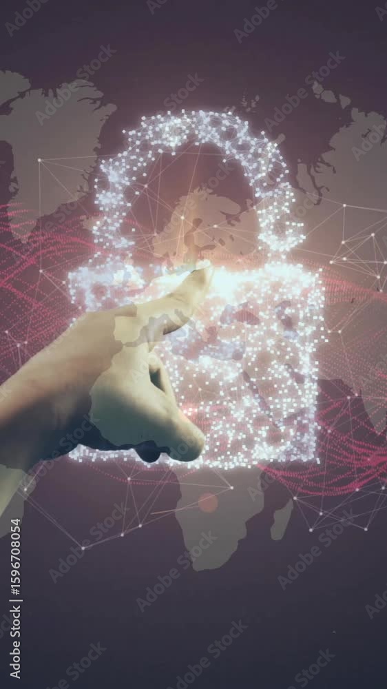 Poster interacting with digital lock, hand over world map and network animation