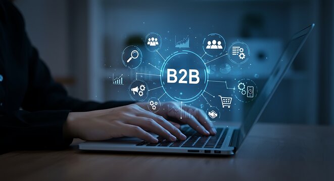 A businessman is typing on a laptop with b2b business to business marketing strategy icons, representing digital transformation and connection - Powered by Adobe