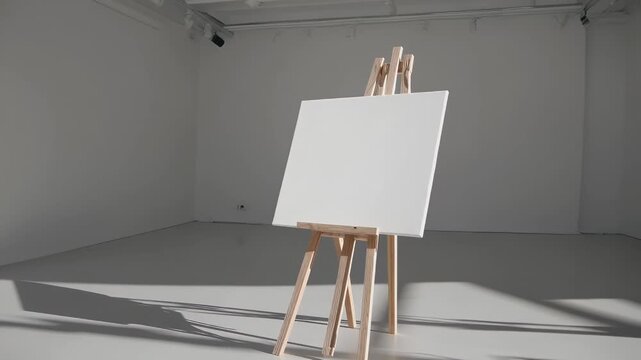 Offer versatile creative potential pristine K front view shot lone easel supporting blank square canvas bright gallery space perfect mock ups artist promotions minimalist concept visuals inviting