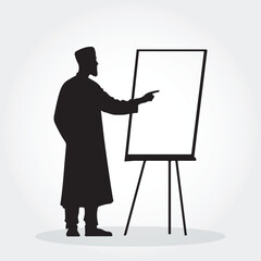 Muslim Teacher Silhouette Vector – Islamic Educator in Traditional Dress Teaching at Whiteboard