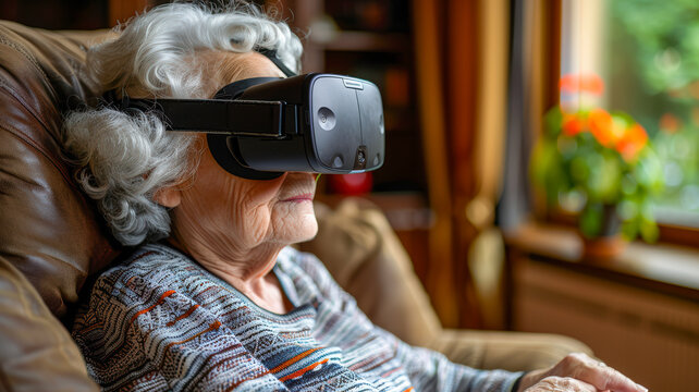 Senior woman experiencing virtual reality while relaxing in a cozy living room environment - Powered by Adobe