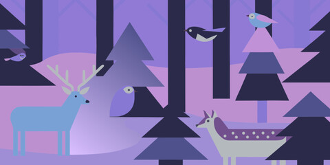 Illustration of deer owl birds in forest woodland nature scene graphic design vector art background image 100