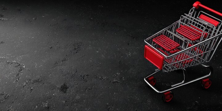 Red shopping cart on a black textured surface