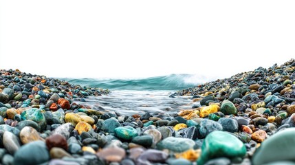 Colorful Pebbles and Ocean Wave on a Rocky Beach