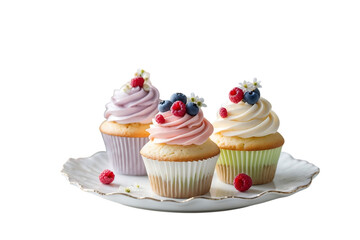 Three cupcakes with frosting and berry toppings on plate