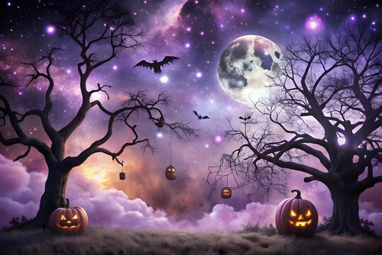 Carved pumpkins and spooky trees stand under a starry purple nebula sky with a full moon and flying bats