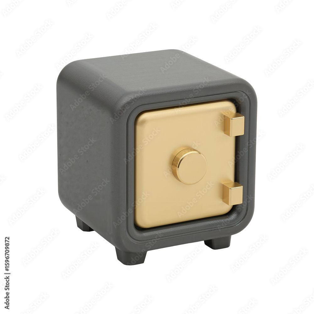 Poster isolated rendering of a matte gray miniature safe with a metallic gold door on transparent