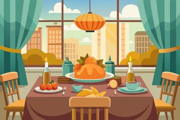 Festive holiday dinner table set with roasted turkey and side dishes in a dining room with a city view