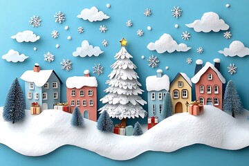Snowy village with festive trees and gifts winter christmas
