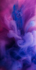 Flowing paint. Vapor art. Defocused blue purple neon color liquid smoke pigment swirling acrylic fog on abstract dark black background.