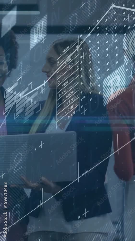 Poster collaborating with digital data processing animation, businesswomen in office setting