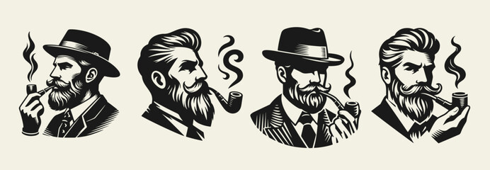 Set of gentleman silhouettes with smoking pipes. Elegant vintage style logo for tobacco products or cigar brands.