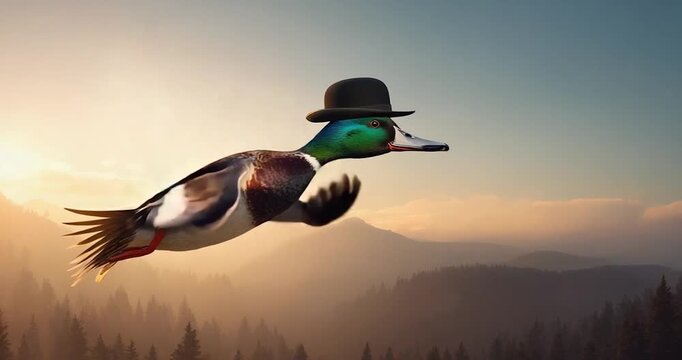 Flying duck top hat sunrise landscape