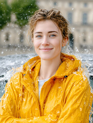 Smiling Woman in Yellow Raincoat Standing in Rain